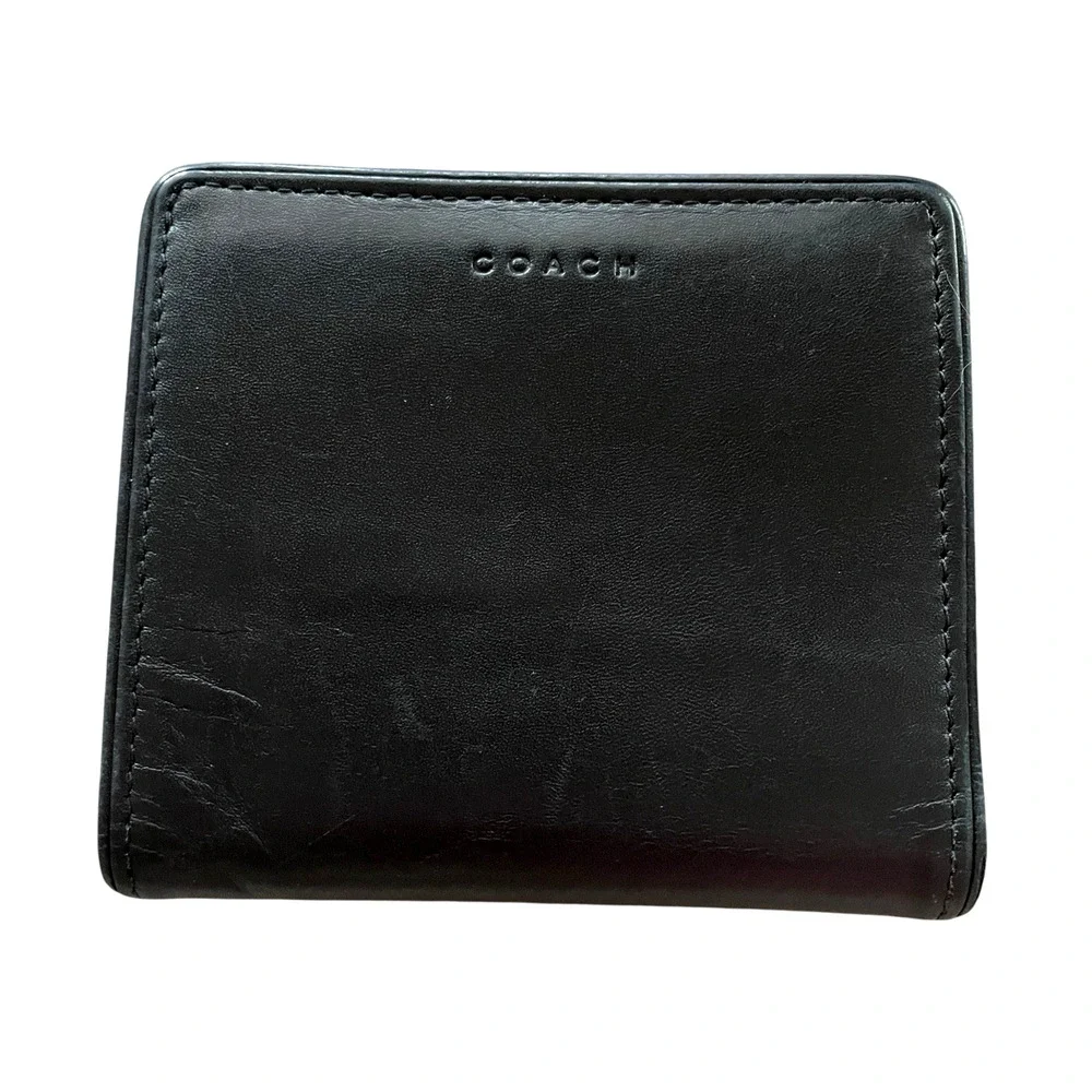 COACH Small Soft Black Leather Bi Fold Silver Coin Purse Wallet Cards Bills VTG - Picture 9 of 9